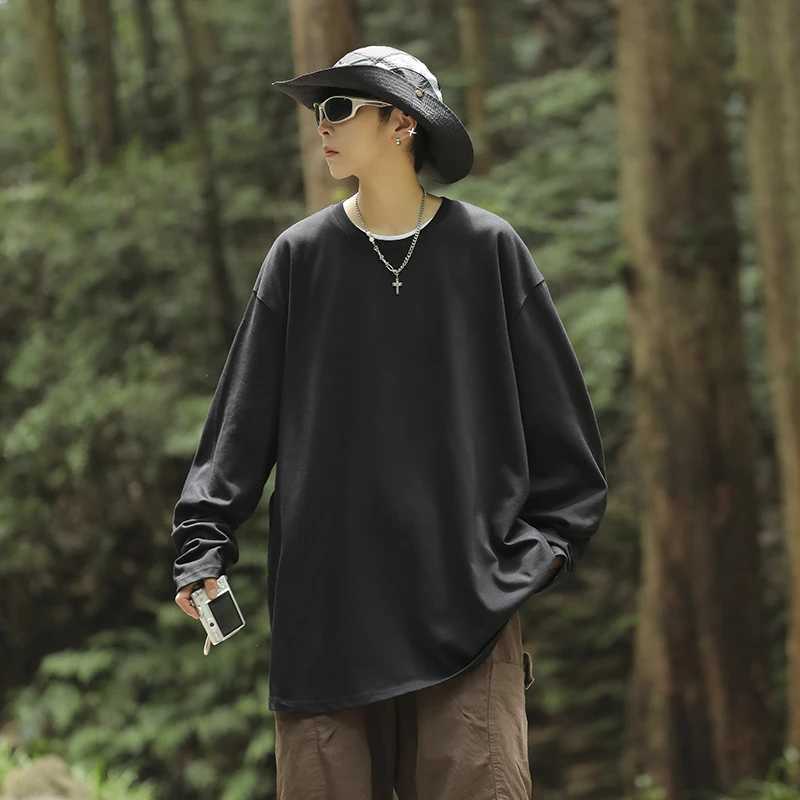 S-5XL! Spring and Autumn Long Sleeve T-shirt for Men Simple and Advanced High Street Hip Hop Trend Loose Solid Color Mens TopM240814