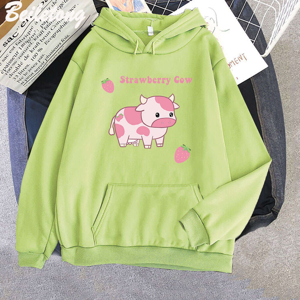 And Cow Strawberry Kawaii Women Hoodies Casual Pullover Plus Size Sweatshirt Autumn Winter Warm Girl Streetwear Clothes Tops