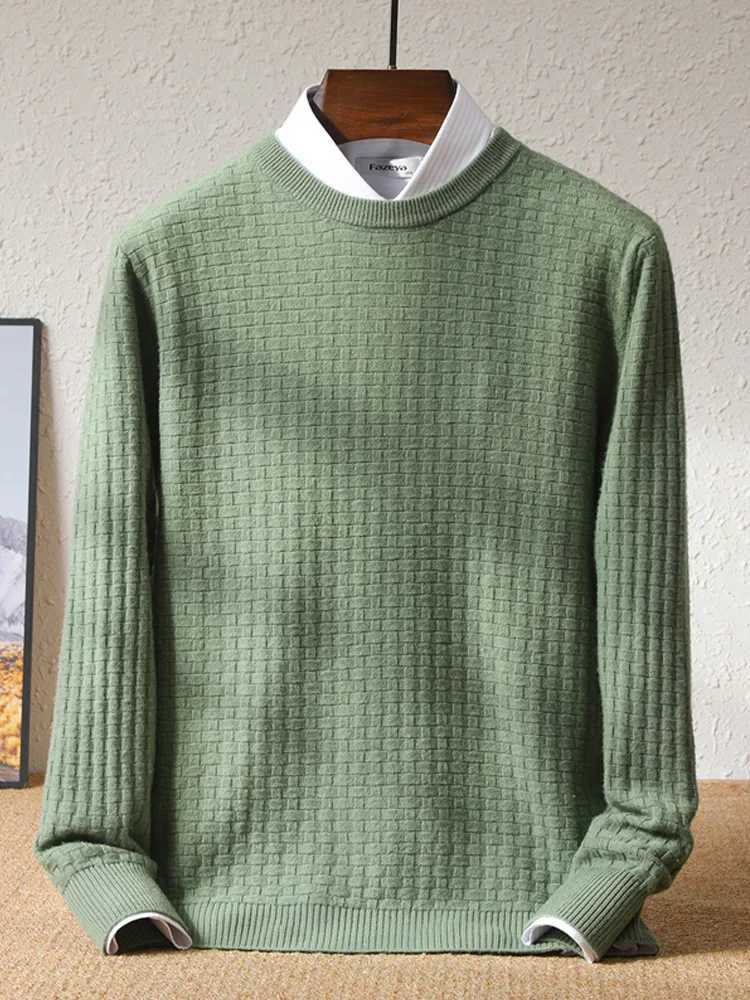 New 100% wool knitted floral mens autumn O-neck jacquard sweater casual long sleeved bottom sweater loose solid color topW240729