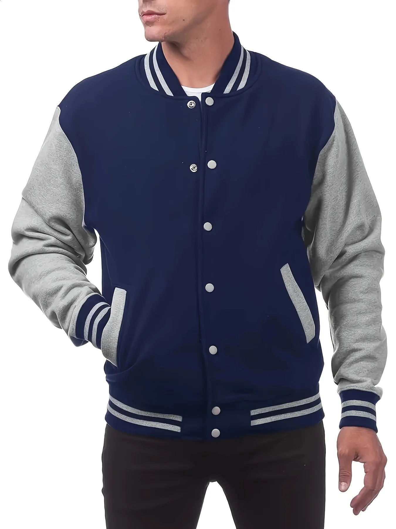 Mens Long Sleeve Solid Color Baseball Collar Knit Jacket Pocket Stretchy Fabric Perfect for Casual Outdoor Sports Varsity Events 240712