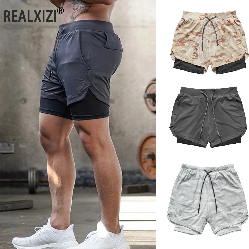 Mens Gym Sports Shorts Jogging Running Breathable Fitness Exercise Double Layer Shirt HiddenPocket Casual Camouflage 240814