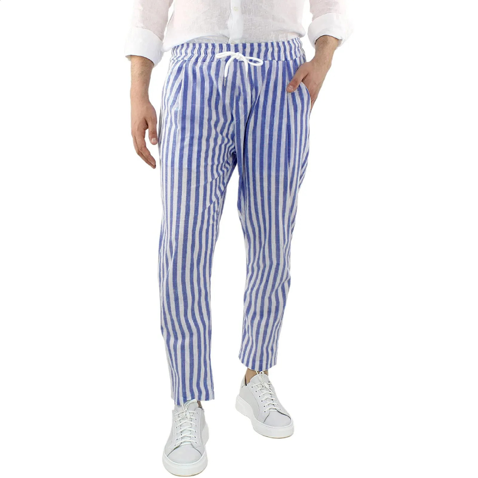 Mens Loose Casual Pants Breathable Waist Striped Cotton And Linen Trousers Comfy Daily Simple Pants Ropa Hombre 240813