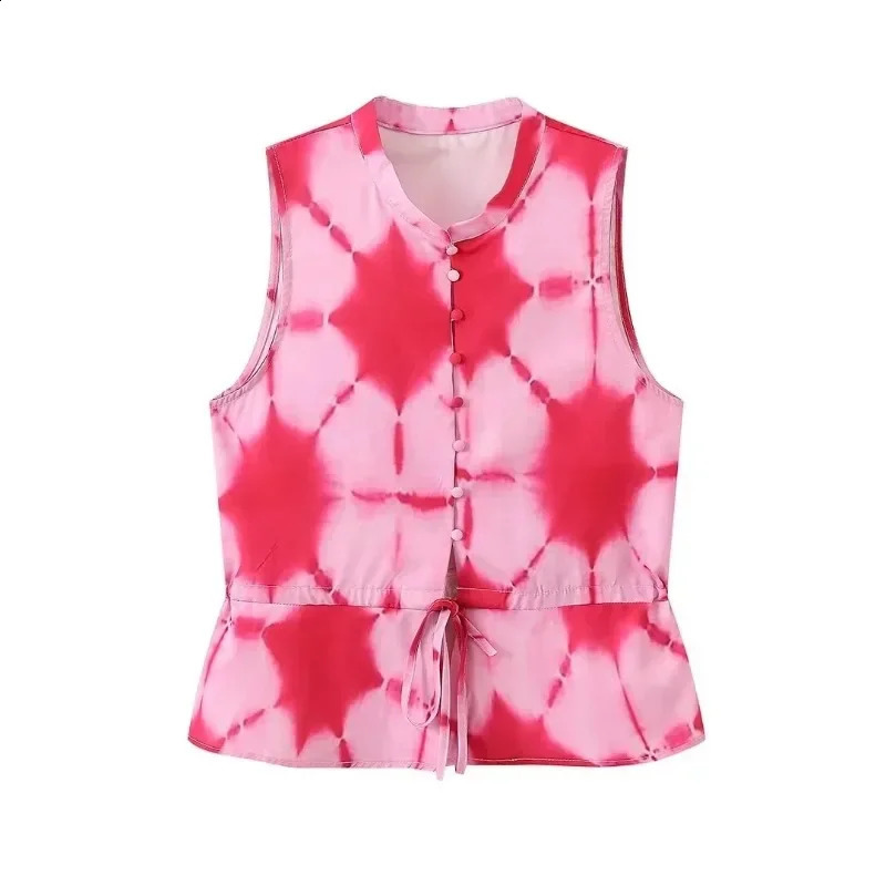 selling printed sleeveless top with lace up vest high waisted leather case Versatile bow tie twopiece set 240809
