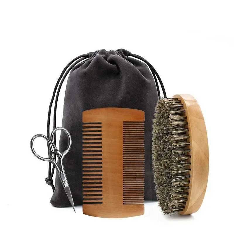 Professional soft bristled brush wood beard brush barber shaving brush comb mens mustard comb comb set with gift bag W240813