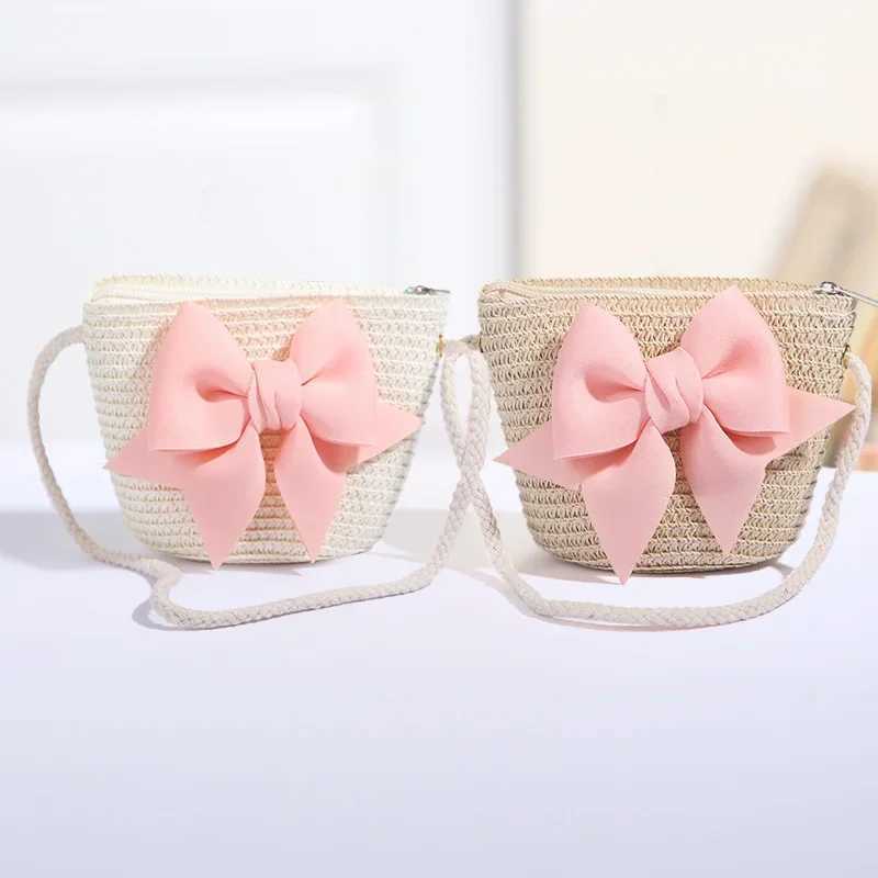 Cute bow straw shoulder bag baby bag hand woven cross body bag princess bag childrens messenger bag mini coin wallet beach handbag W240813