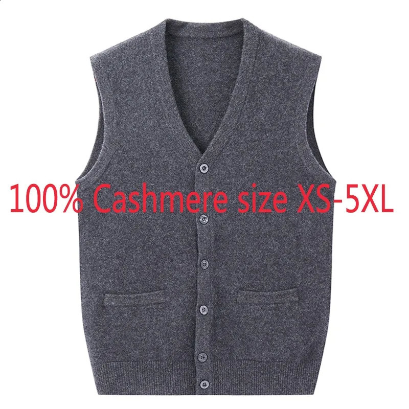 Fashion Men 100% Cashmere Sweater Single Breasted Casual V-neck Computer Knitted Vest Sleeveless Thick Plus Size XS-4XL5XL 240814