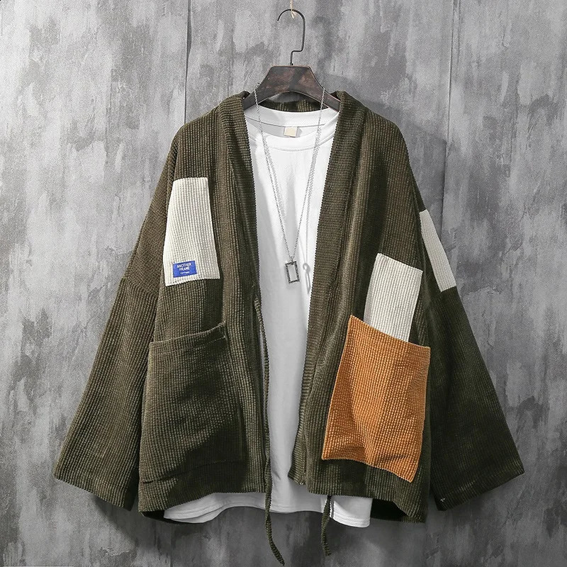 Japanese style mens kimono patch Corduroy coat fashion Harajuku womens street clothing Asian samurai cardigan Haori 30229 240814