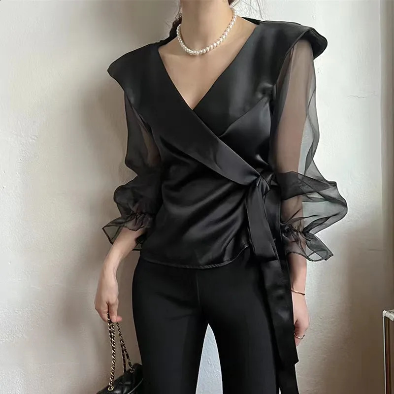 Korean Chic Spring Long Sleeve Womens V-neck Sewing Puff Sleeve Womens Lace Chiffon Sleeveless 240814