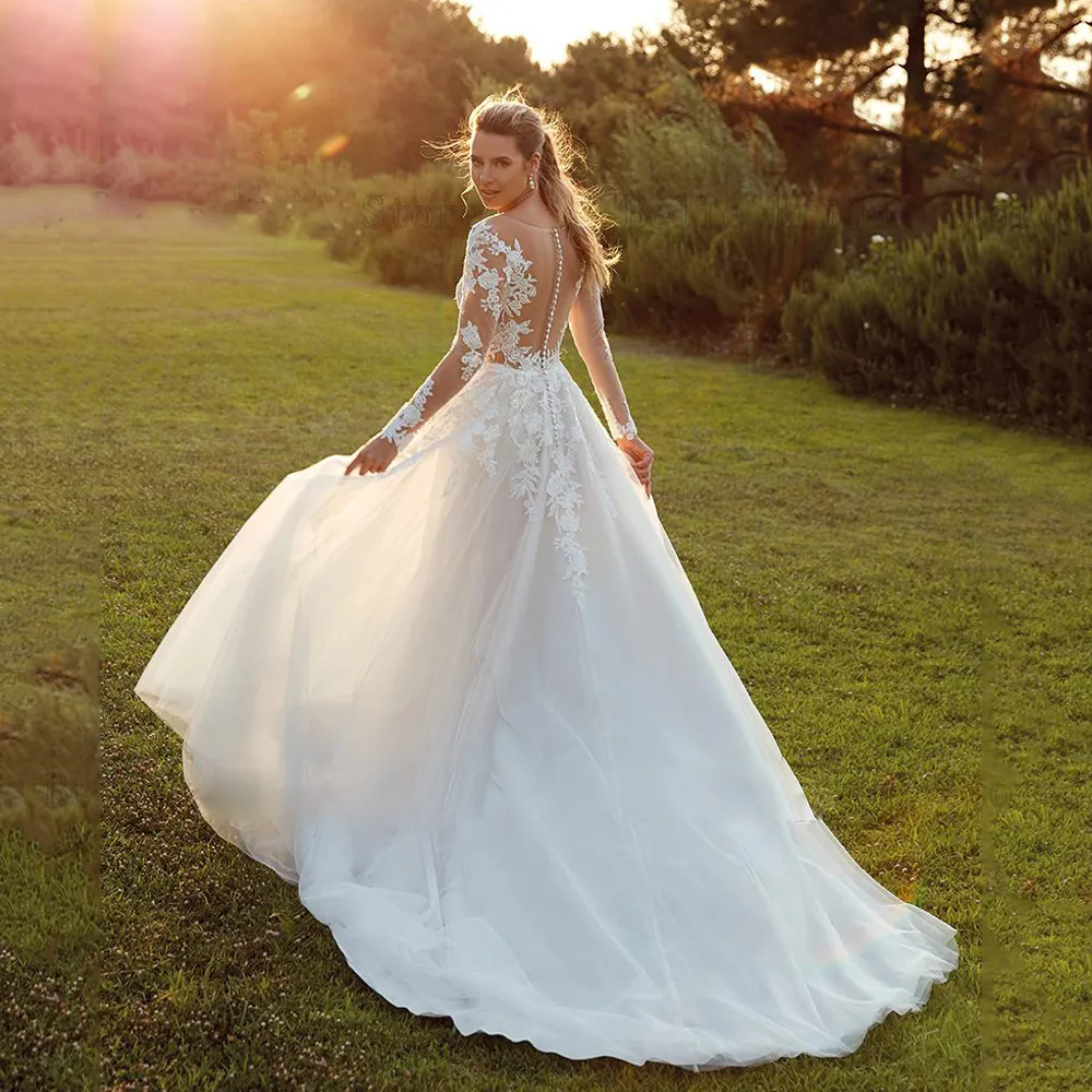 2024 Long Sleeve Wedding Dress Beach Women Lace Appliques Button Tulle Sweep Train Vestidos De Novia Custom Made