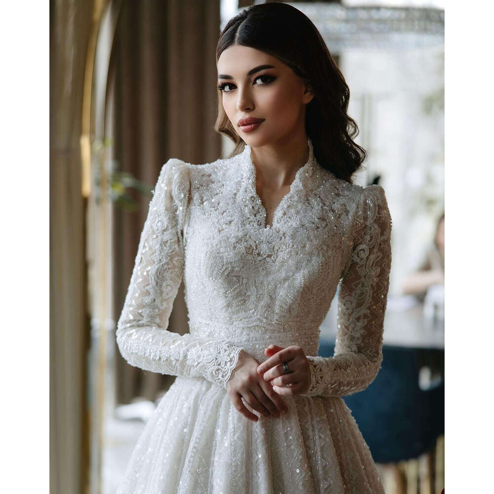 Dresses Beading Wedding Sequins V Neck Long Sleeves Lace A E Bridal Gowns Custom Made Sweep Train Robe De Mariee 6660307