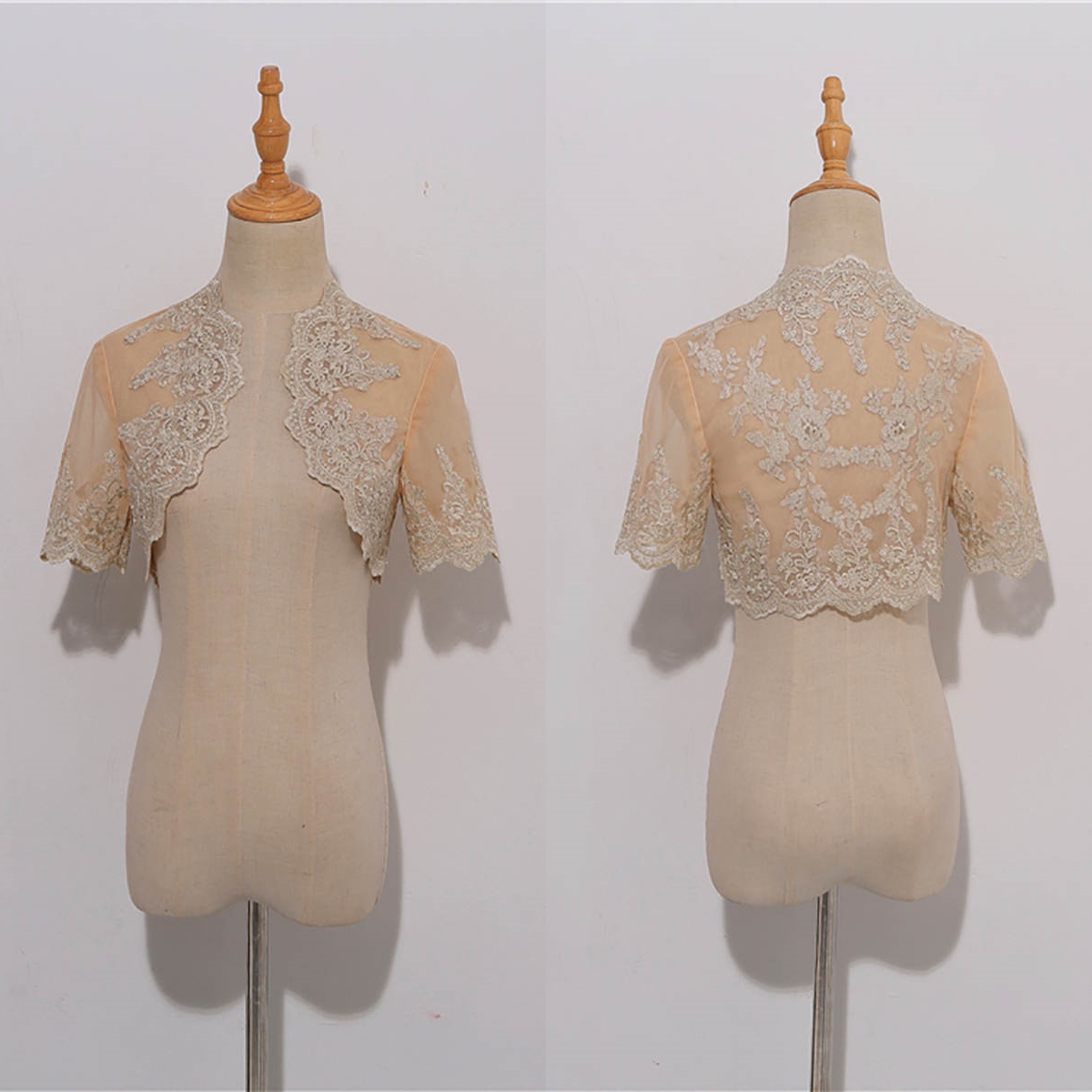 Modern Short Sleeve Wrap Jacket Sheer Lace Appliques High Neck Bride Jackets High Quality Wedding Accessories Marriage