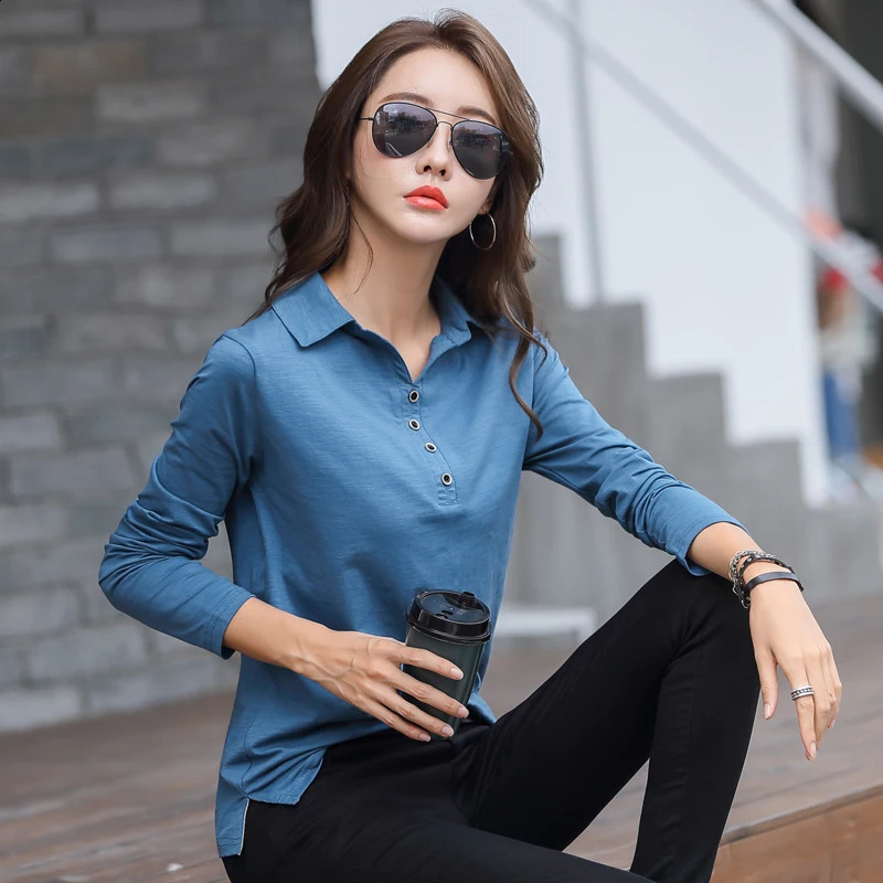 Korean Autumn Polo T-shirt for Womens Office Womens Formal Womens Large Cotton Button Long Sleeve T-shirt 240827