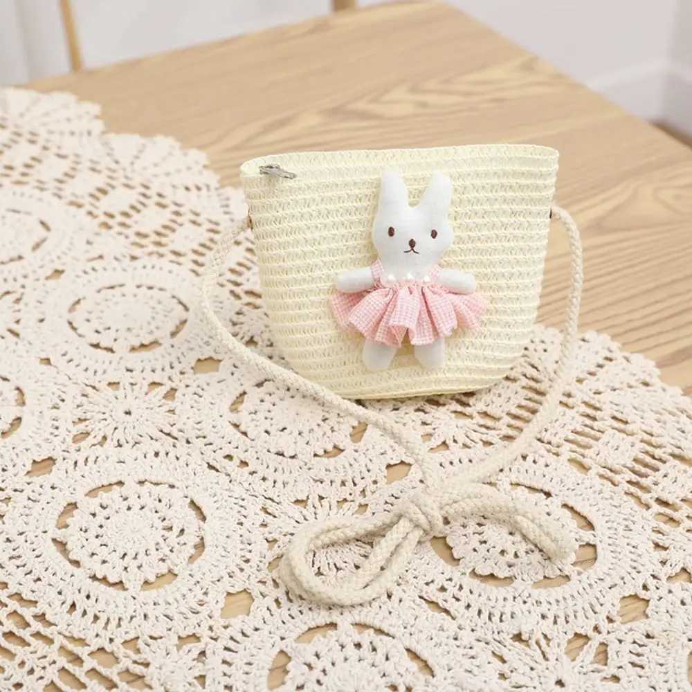 Cartoon Rabbit Mini Straw Bag Summer Beach Zipper Hand Woven Childrens Messenger Bag Coin Wallet Photo Props Cross body Handbag W240906