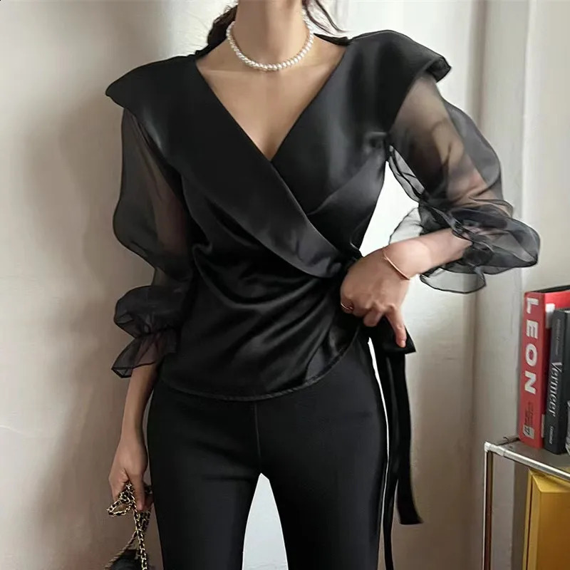 Korean Chic Spring Long Sleeve Womens V-neck Sewing Puff Sleeve Womens Lace Chiffon Sleeveless 240814