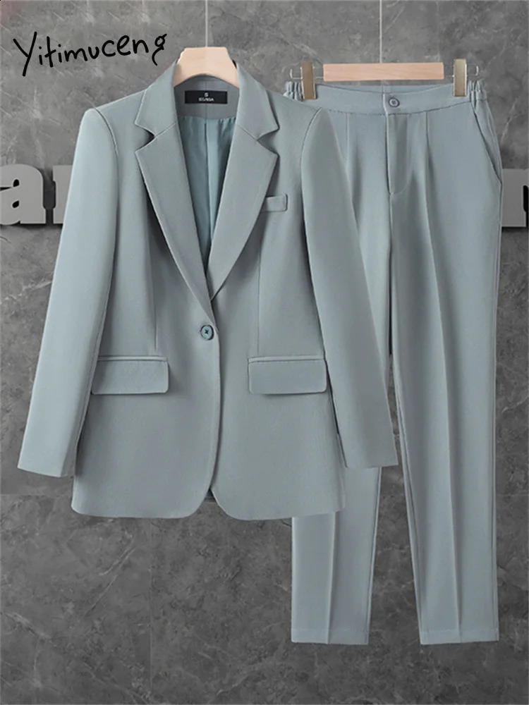 Yitimuceng Women Office Ladies Pants Suits Office Ladies Solid Single Breasted Slim Blazer High Waisted Suits Pants 2 Piece Set 240813