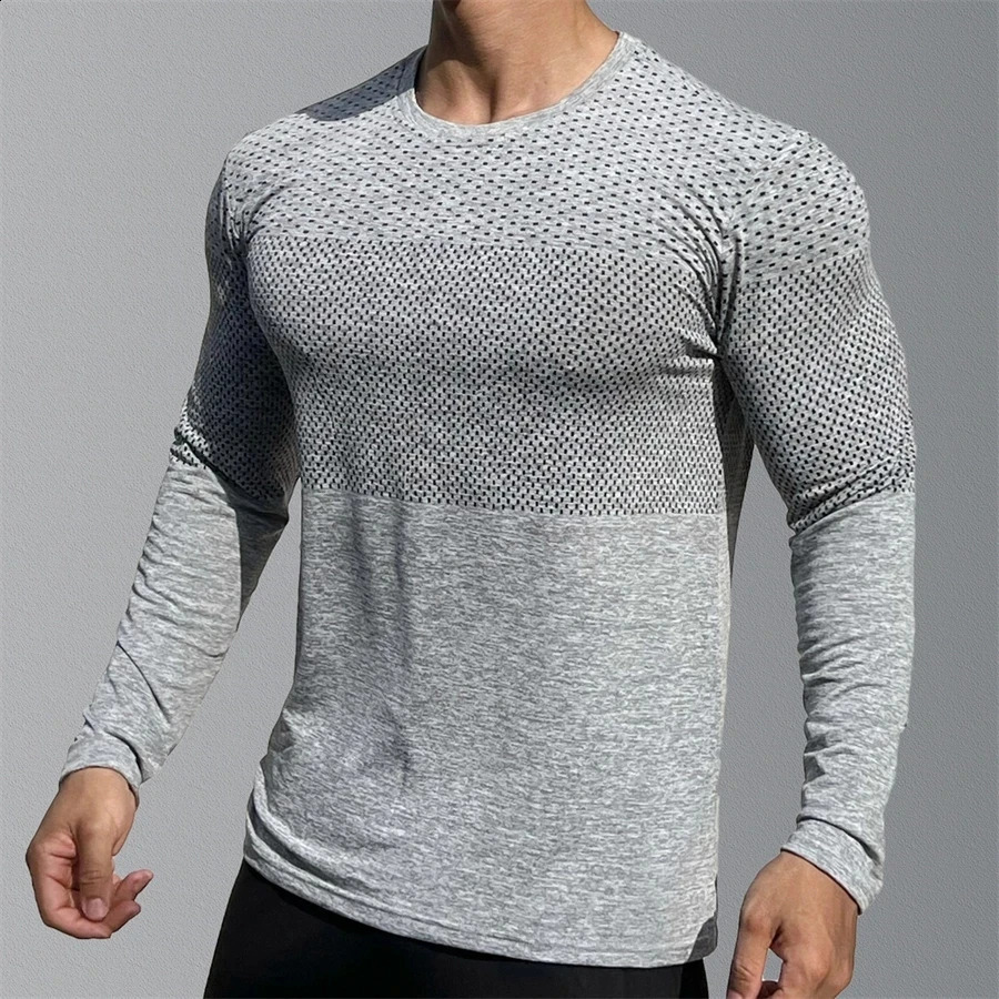 Mens Sport Long Sleeve Tops Quick Dry Fitness T-shirts Bodybuilding Gym Tees Casual Skinny Elastic Breathability Sportswear 240814