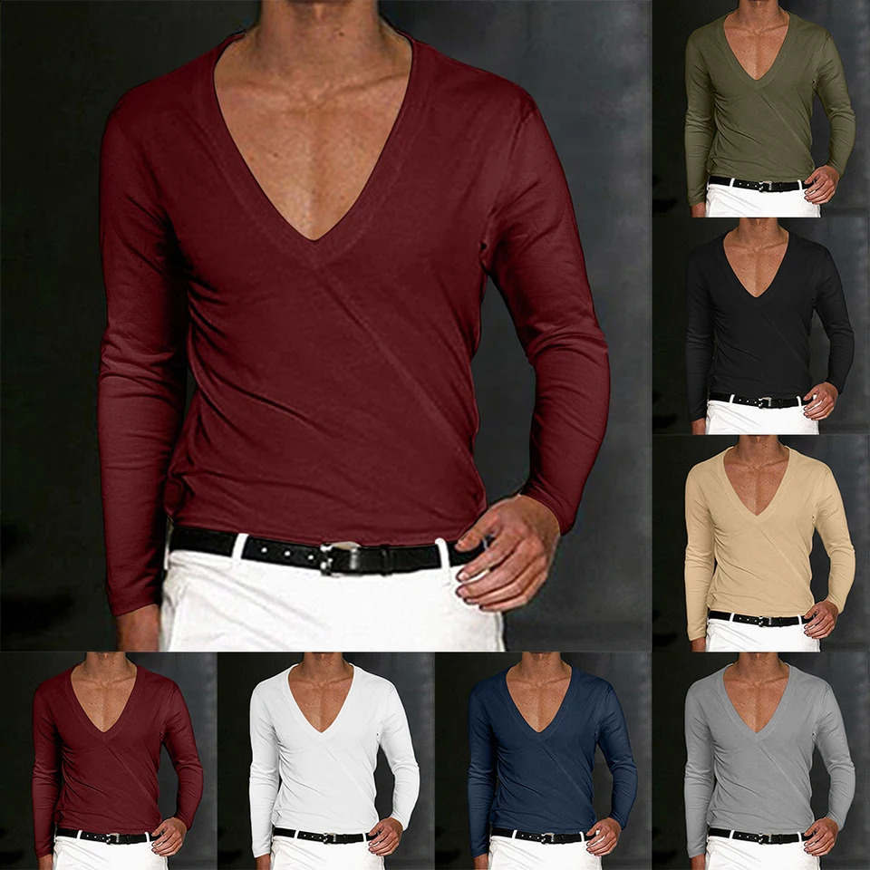Mens T-Shirt Summer Shirts Low Cut Deep V Neck Comfortable Shirt Tops Mens Long Sleeve Casual Pullover Sexy Slim Fit Tees 240814