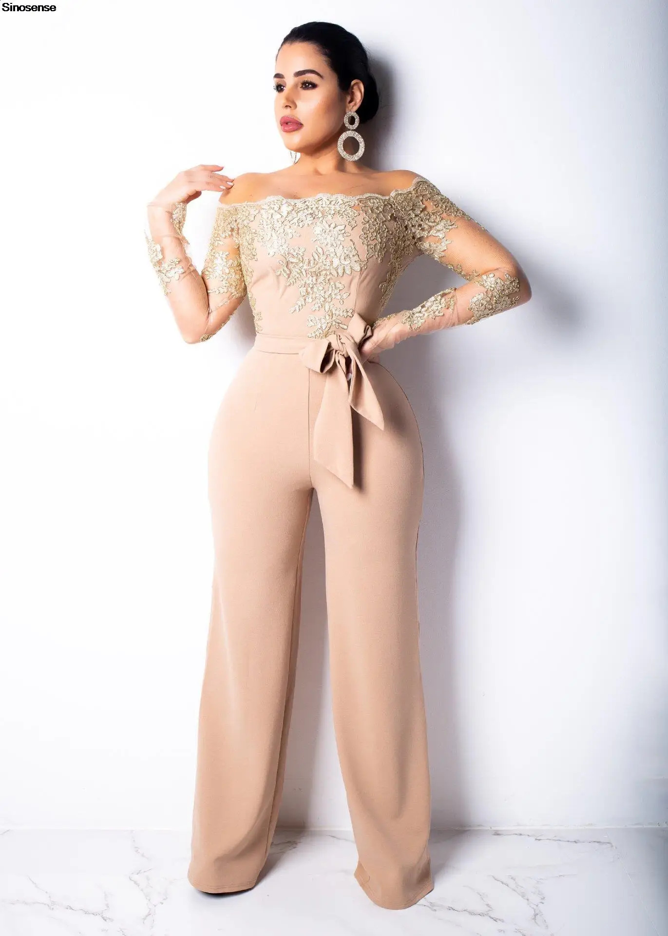 Womens Elegant Off Shoulder Long Pants Wide Leg Jumpsuits Floral Embroidery Lace See Through Cocktail Club Party Evening Rompers 240813
