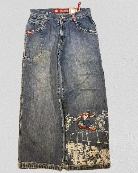 Pants Mens Haruku Hip-Hop Gothic Skateboarding Boy Graphic Embroidery Jeans Retro Blue Pocket Torn Trouser240813