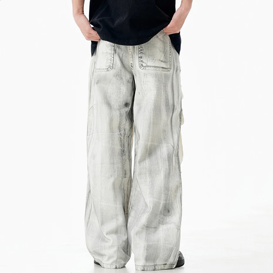 Dirty Cargo Jeans Wide Leg Loose Baggy Denim Pants Men Streetwear Hip Hop Jeans Trousers Multi Pocket White Trousers 240814
