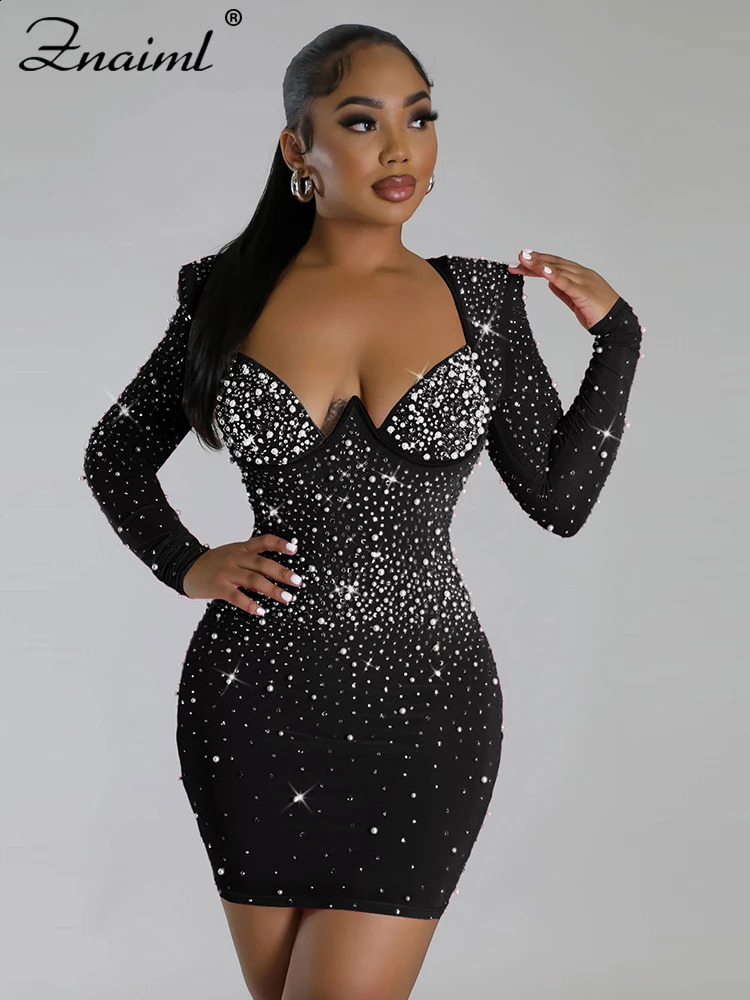 Znaiml Sexy Birthday Party Vestidos Women Diamonds Rhinestones Long Sleeve Sweetheart Collar Nightclub Prom Bodycon Mini Dress 240814