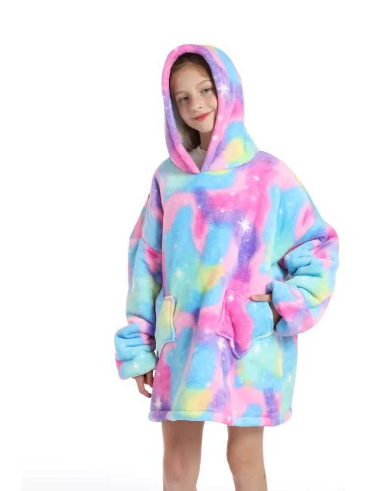 Tie Dye Unicorn Kigurumi Oversized Hoodie Childrens Super Warm Winter Clothes Kids One Piece Hooded Sweatshirts TV BlanketsY240814