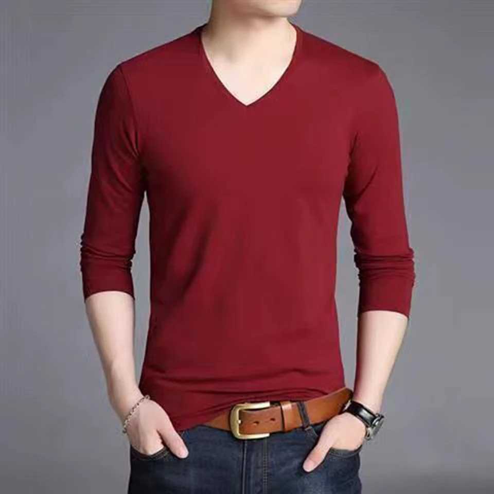 Pullover Men T-shirt Solid Color Spring Summer Tee V-Neck Basic Casual Fashion Long Sleeve Male Polyester S-5XLM240814