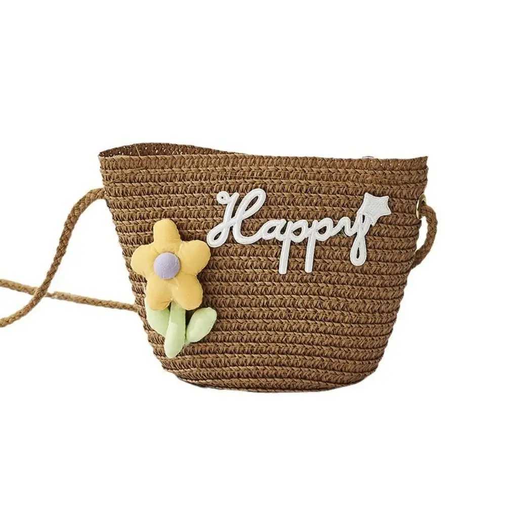 Cute childrens straw shoulder bag flower baby girl small bucket cross bag childrens mini coin wallet beach handbag W240813