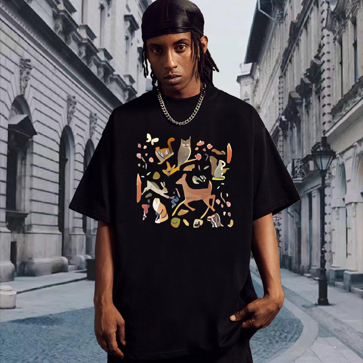 T shirt 100% Cotton 230g Deer Beach Short Sleeve O-Neck Asian Size Men Clothes T-Shirt Brand Unisex Tops Tees