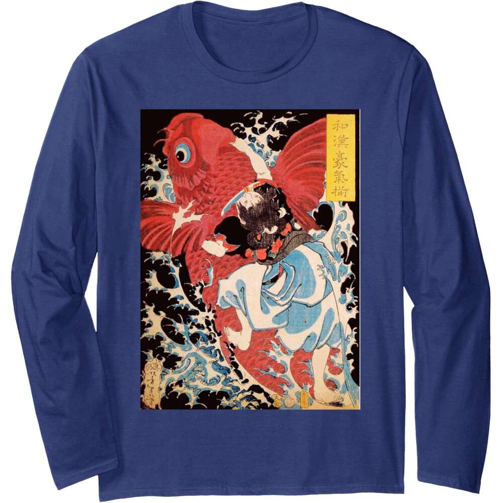 Long Sleeve Shirts for Men sweatshirt Japanese Retro Vintage Artwork Samurai on the Koi Fish Long Sleeve Tee Streetwear Casual tops clothes