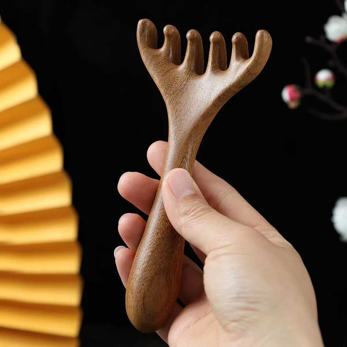 Antlers Head Noon Wood Massager Comb Improves Facial Circulation Five Claws Scalp Massager Guasha Tool Back Scraper Hydrotherapy Tool W240813