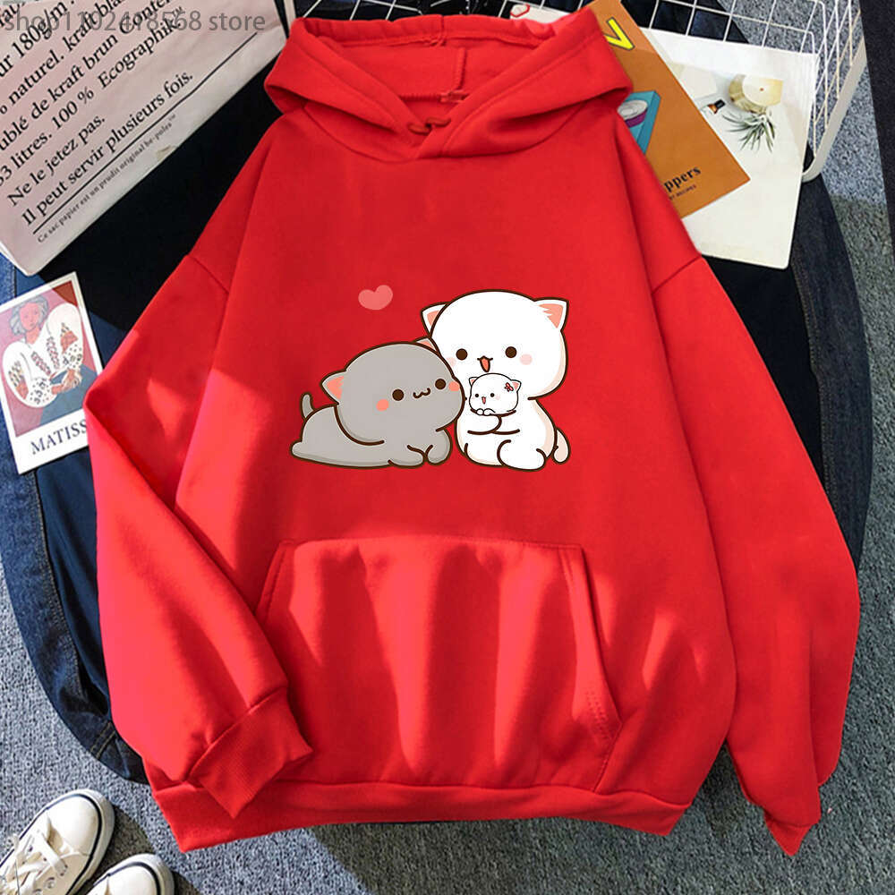 Peach Women Cat Hoodies Funny Mochi Plus Size Sweatshirt Haruku Kawaii Cartoon Female Long Sleeve Streetwear Clothes Tops