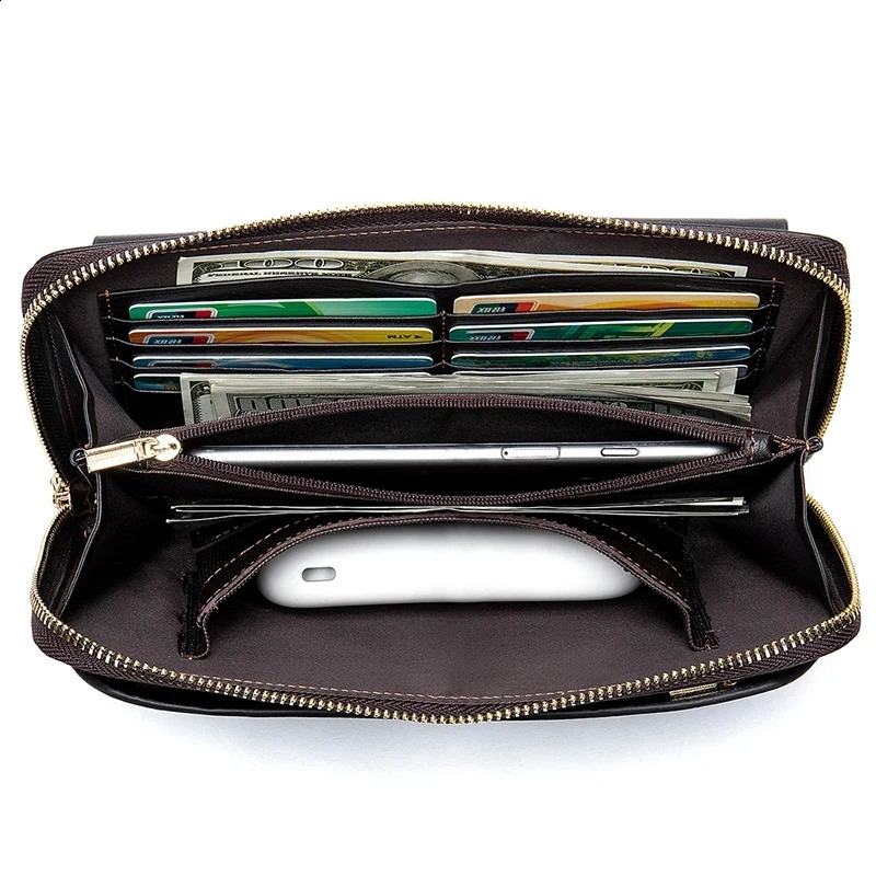 Genuine leather business clutch wallet mens long leather phone bag mens wallet mens large-sized coin wallet card clip 240812