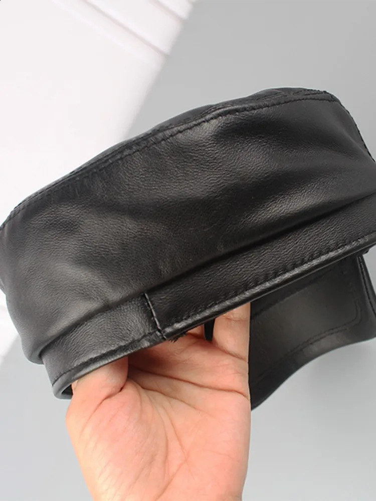 Womens retro denim jacket genuine leather beret fashionable flat top military hat spring and autumn windproof 240812