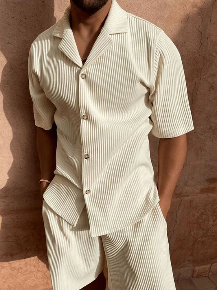 Summer Casual Ribbed Outfits Mens Solid Color Short Sleeve Lapel Shirts And Shorts Corduroy Fashion Sets Men Two Piece Suits 240816