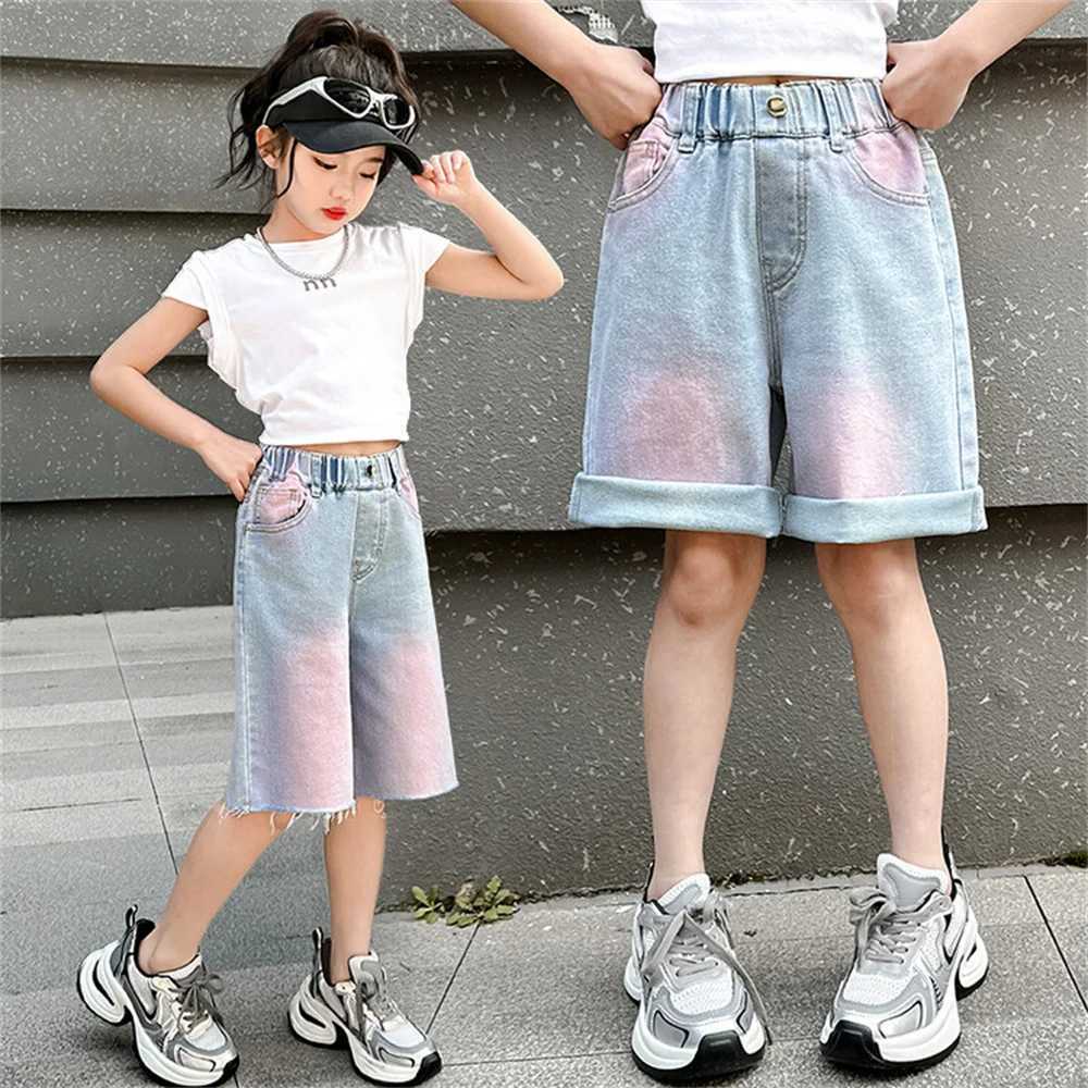 2405 Girls Jeans Printed Youth Denim Shorts Jeans Fashion Childrens Summer High Quality Powder Blue Original Edge Jeans W240813