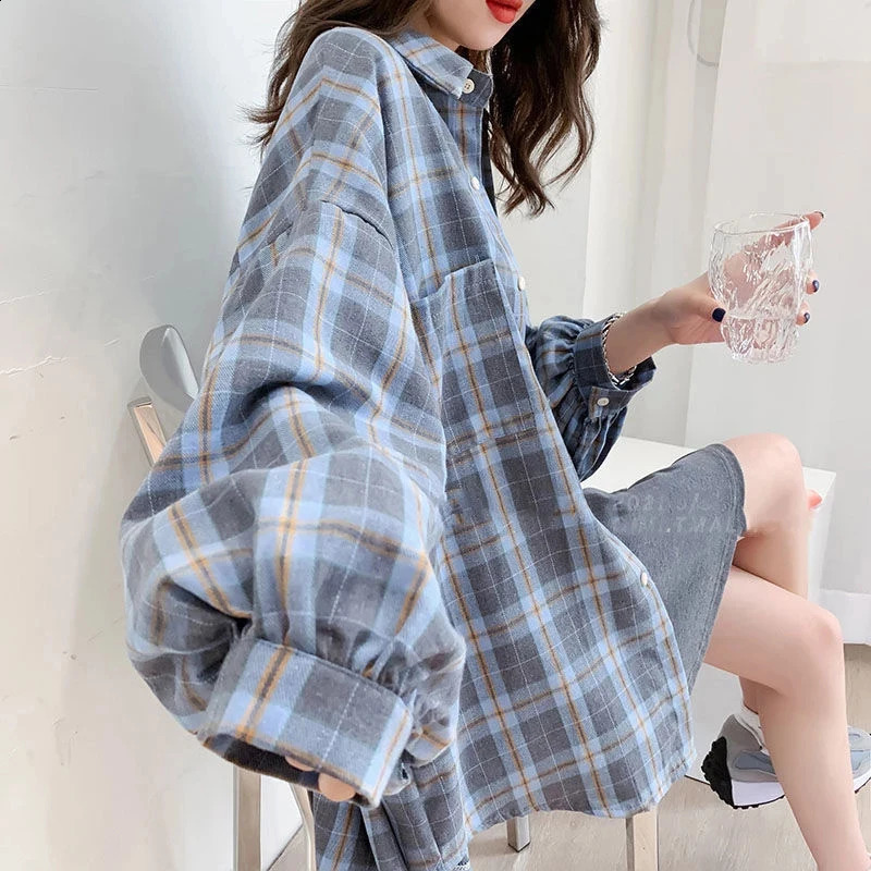 Streetwear Plaid shirt womens Korean fashion oversized top Harajuku daily full match long sleeved yellow 240814