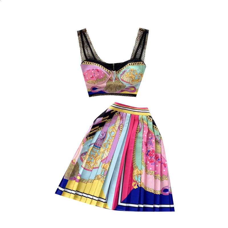 Summer Short Strapless Suspender Vest High Waist Pleated Skirt Two Piece Set Dress Sets 240810