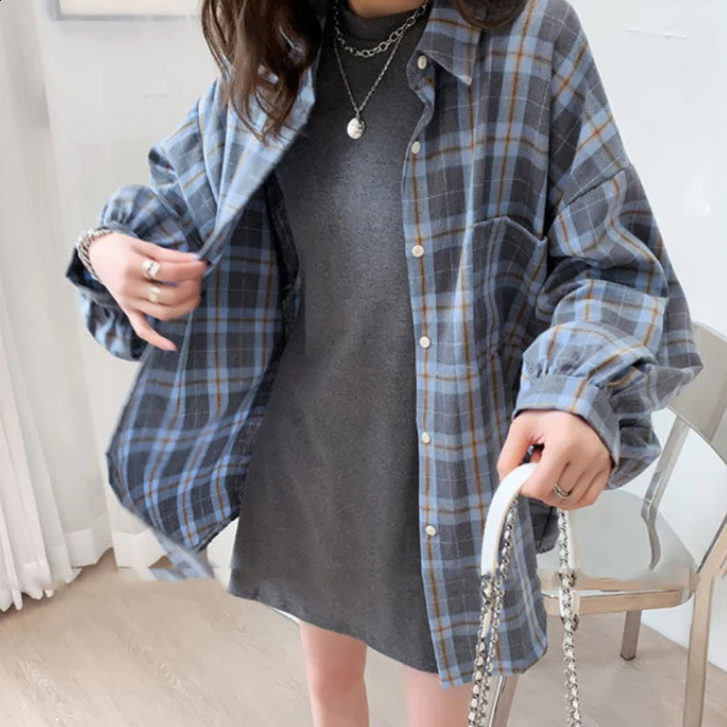 Streetwear Plaid shirt womens Korean fashion oversized top Harajuku daily full match long sleeved yellow 240814
