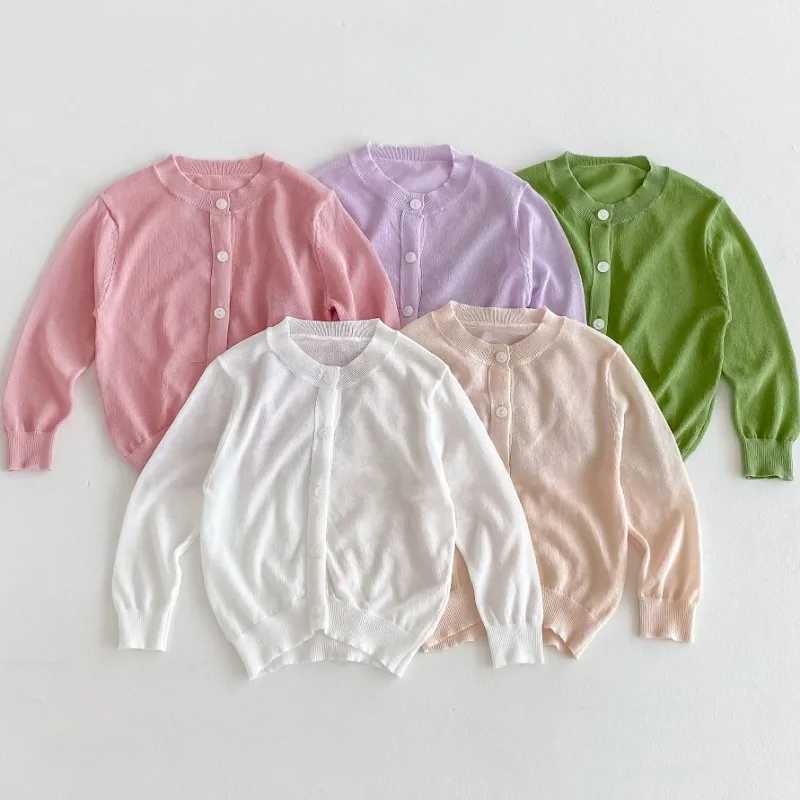 2024 Summer New Baby Long Sleeve Cotton Open Knitted Woolen Sweater Thin Breathable Baby Girls Knitted Sunscreen Jacket Boys Solid Top W240813