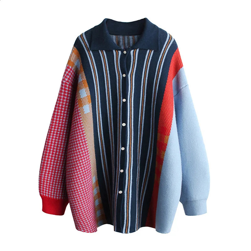 EWQ Big Size Knitted Cardigan Women 2024 Spring Korean Chic Tops Versatile Patchwork Contrast Color Plaid Sweater Coat Female 240813
