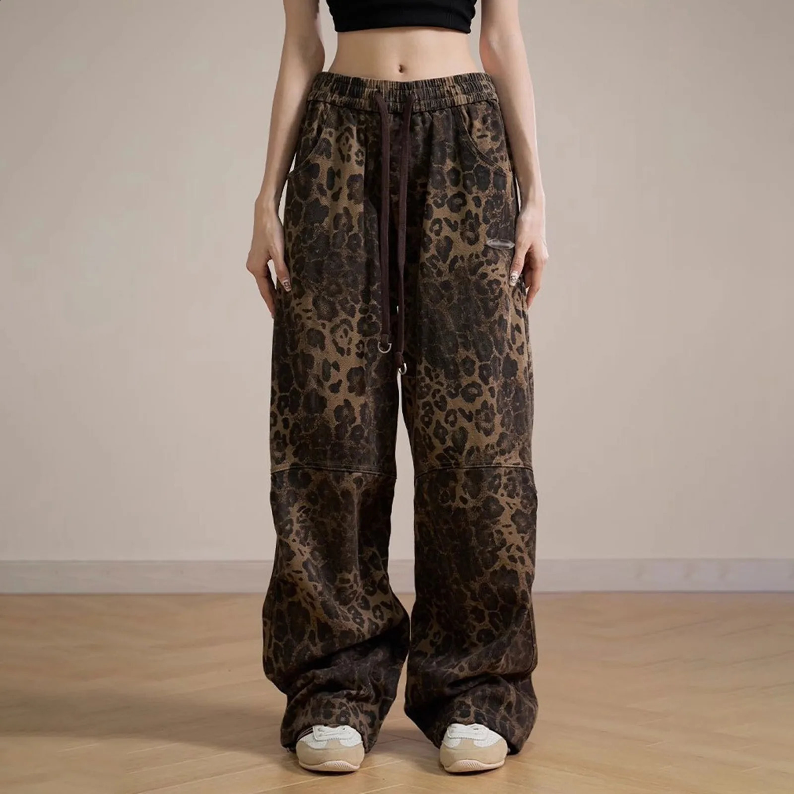 WomenS Leopard Print Sweatpants Trousers Straight Leg Hiphop Street Dance Cargo Pants Casual Fashion Trousers 240813