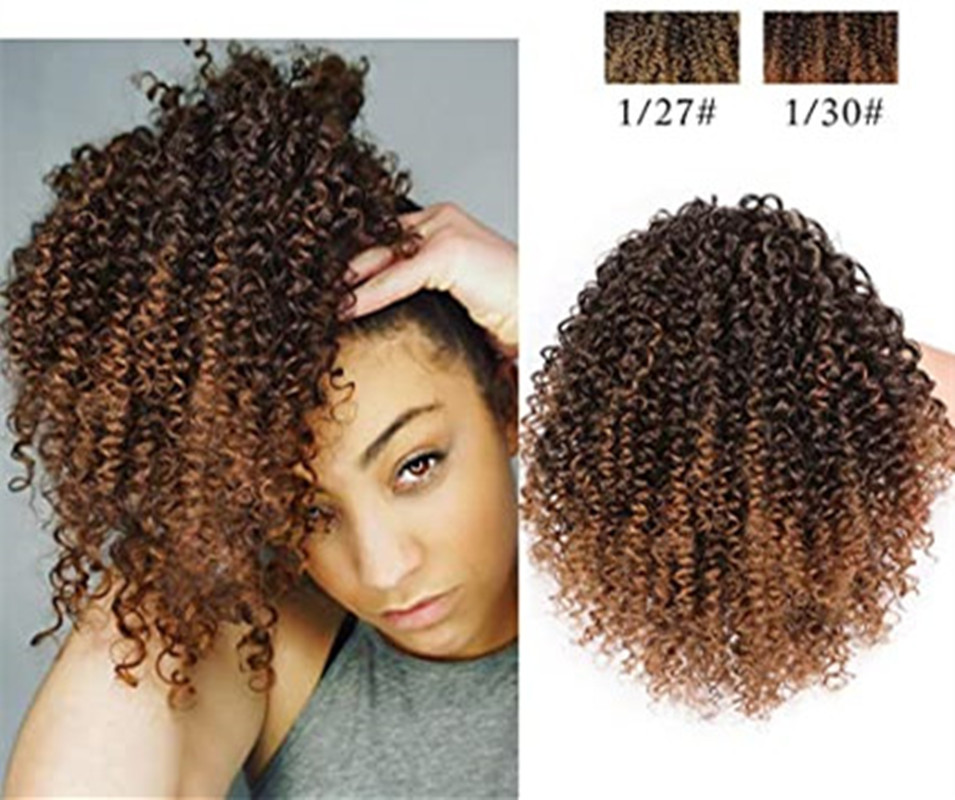 Ombre brown blonde kinky curly puff bun drawstring ponytail extension hairpiece,100 human hair ponytail with drawstring clip in 120g 1pcs fashion styl