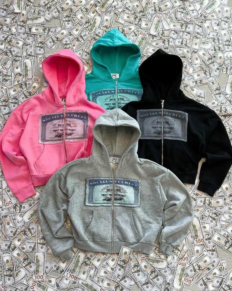 Women's Hoodies American Money Printed Sweatshirts Zip Up Hoodie Streetwear Oversized Harajuku Couples Top Casual Women Clothes