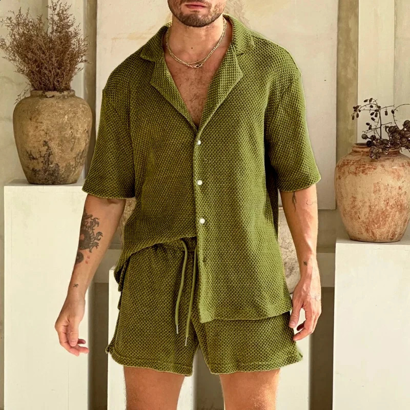 Beach Style Breathable Knitted Mens Set Summer Casual Pure Color Short Sleeve Knit Shirt And Shorts Two Piece Suits Men Outfits 240813