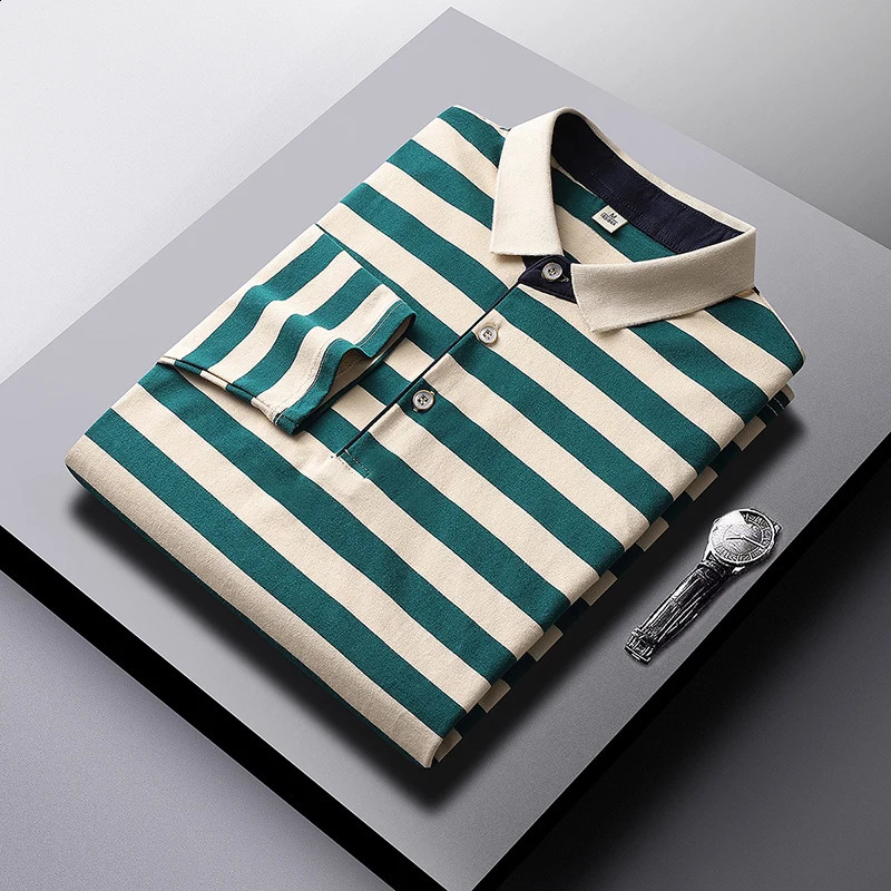 Spring Autumn Long Sleeve T-shirts Korean Striped Mens Clothing Contrasting Colors Stylish Polo-Neck Button Basic Polo Shirts 240824
