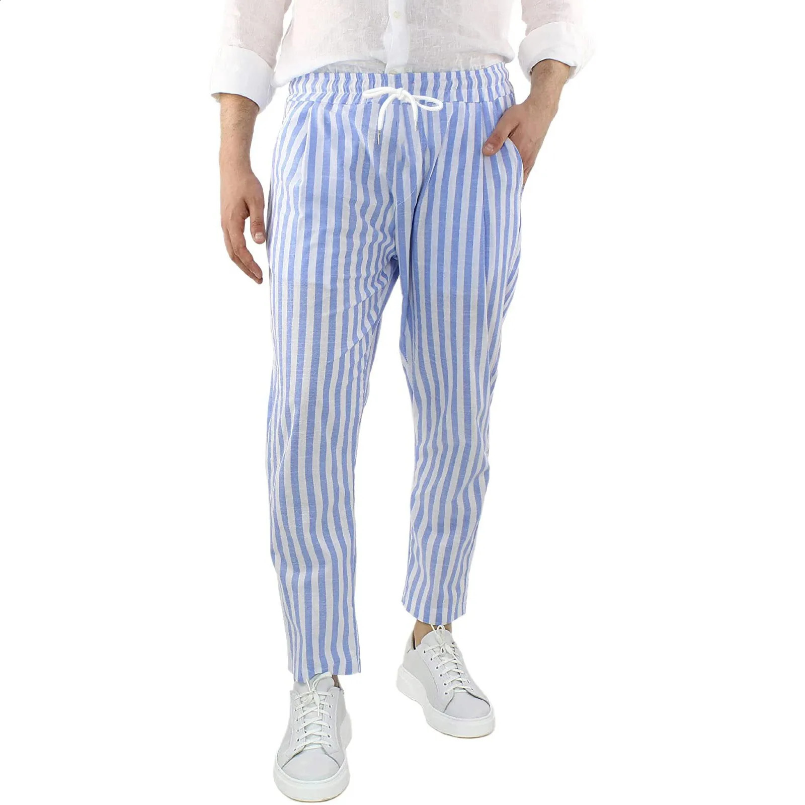 Mens Loose Casual Pants Breathable Waist Striped Cotton And Linen Trousers Comfy Daily Simple Pants Ropa Hombre 240813