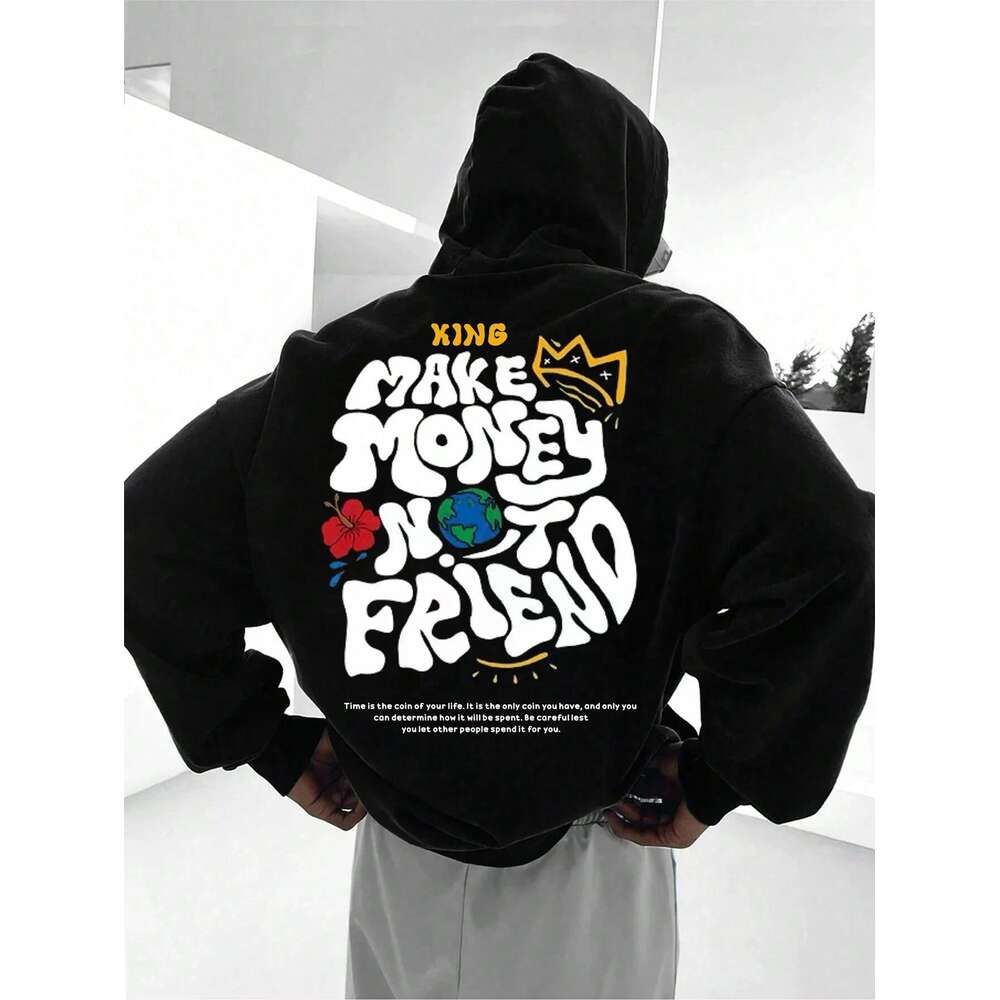 Men's Haruku Fashion Hooded Sweatshirt MAKE MONEY NOT FRIEND Letter Slogan Print Cartoon Fleece Soft Pullover Sweatshirts s
