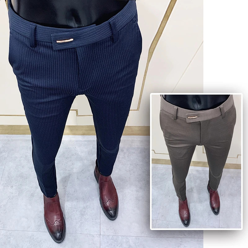 Striped Suit Pants Men Elegant Skinny Fit Office Pant Trousers For Man Business Slim Dress Ankle 240813