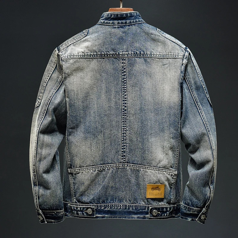 Autumn Nostalgic Motorcycle Denim Clothing Mens High end Retro Zipper Fashion Slimming Vertical Collar Handsome Jacket 240808